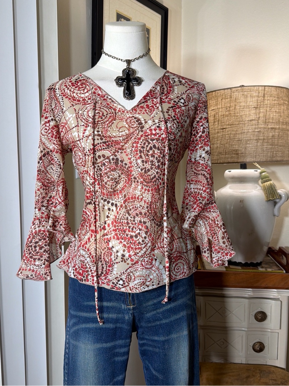 A.Byer Printed V-Neck Blouse with Flounce Sleeves